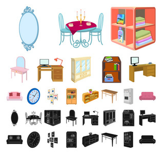 家具和室内卡通, 黑色图标在集合集设计。家居用品矢量等距符号股票网插图