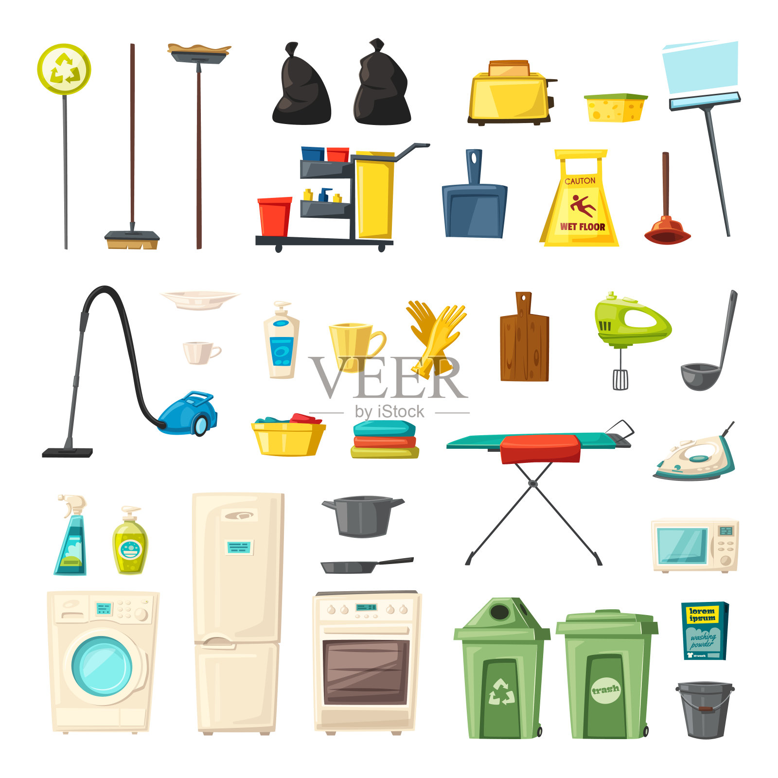 家居用品和清洁用品图标。卡通矢量图